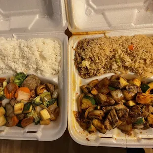 Steak and shrimp hibachi with steamed rice and steak hibachi with fried rice