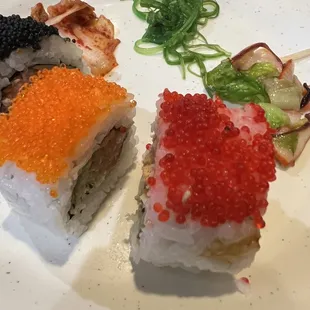 Sushi, kimchi, wakame and variety of tako su