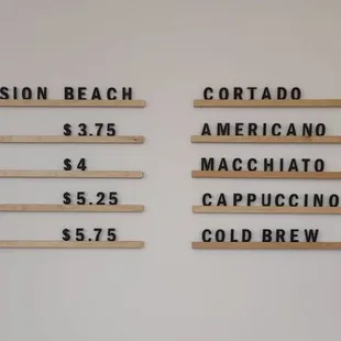 Coffee menu