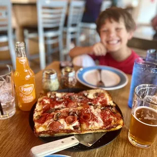 Mountain Top Detroit Style Pizza with orange Faygo pop (not soda..... In Michigan it&apos;s Pop )