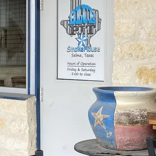 a blue pot on a table