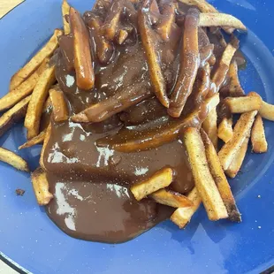 Hamburger with gravy and fries