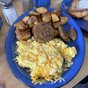 Scrambled Eggs, sausage and home fries