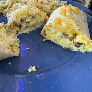 Inside the burrito bursting with eggs, bacon and cheese