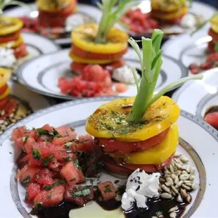 Multi-color Tomato Watermelon Tower with sea salt and balsamic vinegar