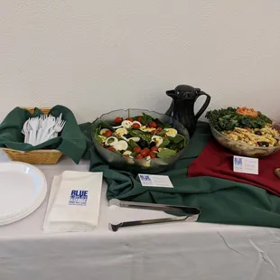 (L) Bacon spinach salad with warm bacon dressing and Garden vegetable pasta salad (R)