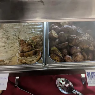 (L) Apple stuffed pork loins and roasted fed potatoes (R)
