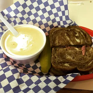 Cream of jalapeño soup and a pastrami on rye.