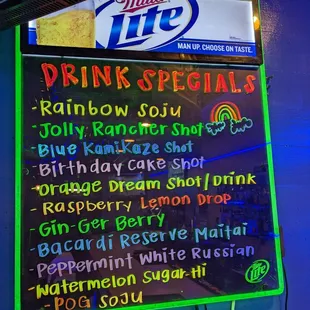 a menu for drinks