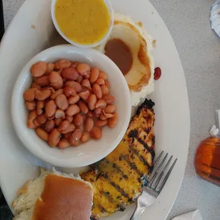 Grilled chicken with AppleJack sauce, mashed potatoes &amp; gravy, pinto beans &amp; sweet tea w/ lemon