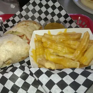 Grilled Chicken Wrap with a side of cheese fries