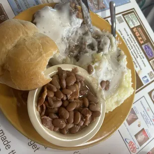 Chicken fried steak was tasty, as were the beans and roll.  The gravy was also good, but the mashed potato&apos;s seemed like instant.