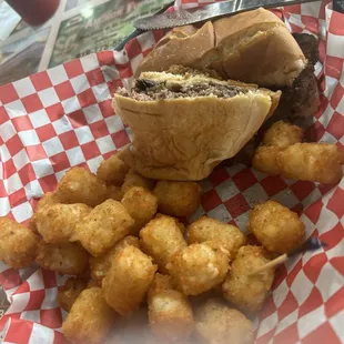 Mushroom Swiss burger and tots. Both very good. Burger appeared had tossed and nicely done.