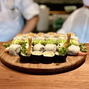 Chef's platter at the sushi bar counter