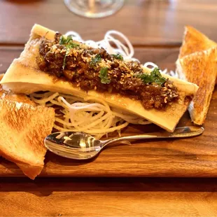 Beef marrow (oxtail truffle, crispy shiso &amp; toasted challah)