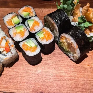 Salmon Roll, Tuna rolls, and Tempura shrimp rolls