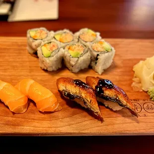 Salmon, eel, and real crab cali roll