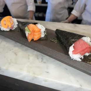 Spicy yellowtail, salmon avocado, tuna hand rolls