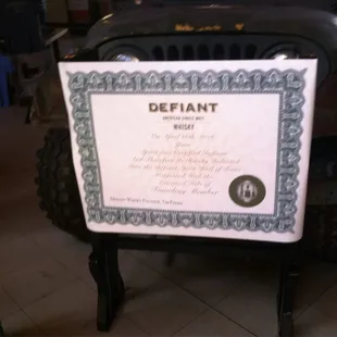 a certificate on a chair
