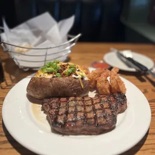 NY New York Strip Steak, Loaded Baker, fried shrimp