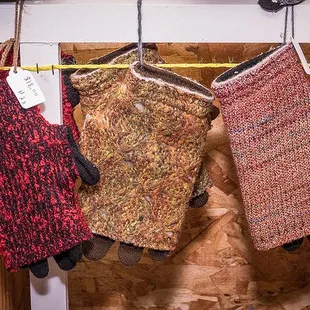 Glove mitts hand sewn from repurposed wool.