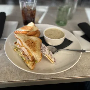 Spicy chicken sandwich with loaded potato soup