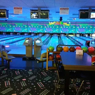 a bowling alley with bowling lanes