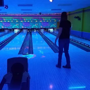 a bowling alley with bowling lanes