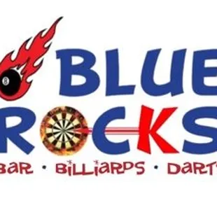 the logo for the blue rocks bar and billiards darts