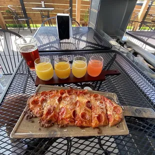 Amber beer, mimosa flight &amp; crisp curl pepperoni flatbread