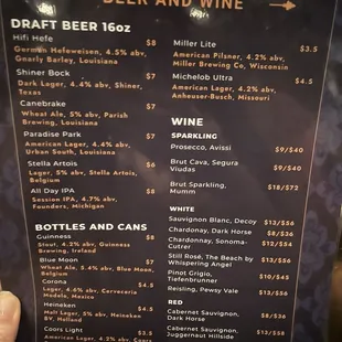 Beer and Wine menu