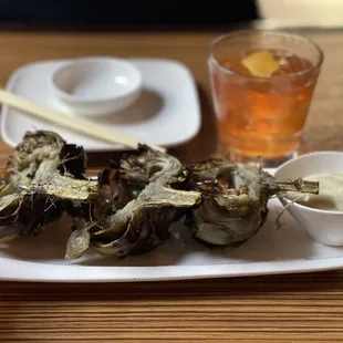Grilled artichoke / Old Fashioned (both good, but I'd ask for some lemon with the artichoke)