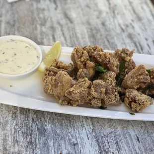 Popcorn Chicken with Lemon Aioli. So good and not greasy.