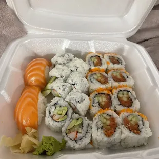 California roll, spicy tuna roll, salmon nigiri