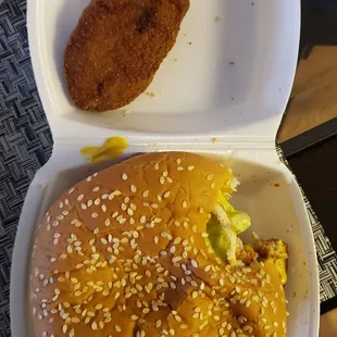 Awww my Gawdddddd....fried talapia fish sandwich &amp; deviled crab. I prefer regular white bread instead of a hamburger bun.
