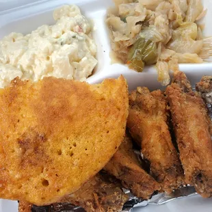 Wings, Cabbage, Potato Salad and Cornbread! Delicious!