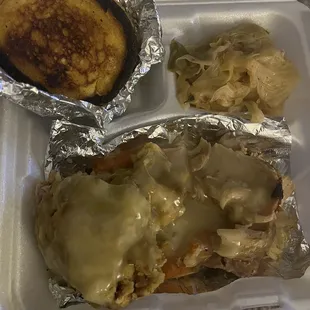 Turkey and gravy, stuffing, cabbage