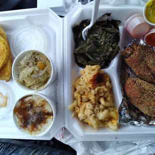 Salmon croquettes mac n cheese &amp; greens.Side of mashed potatoes and gravy.Side of cabbage dinner comes with 1 piece of hot water cornbread