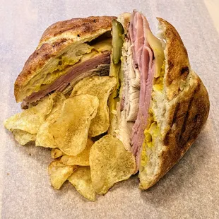 a sandwich and chips