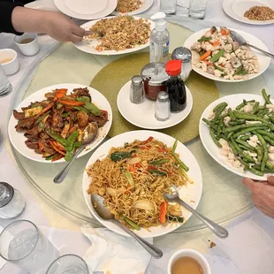 Satay Beef, Chicken with String Bean, Blue Sky Fried Rice, Mushroom Chicken