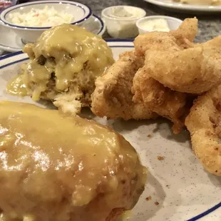 Lake Erie perch (4 pcs) special with fried mashed potatoes, dressing, and coleslaw. Soup (stuffed pepper) not pictured.