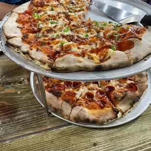 Top pizza is the Hot Honey, and pepperoni on the bottom. Loved both pies!