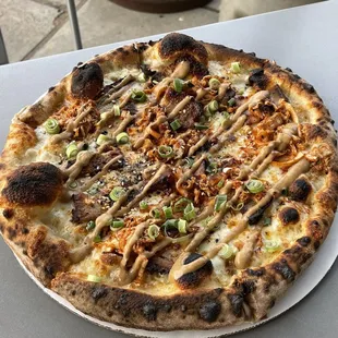 War Pigs Pizza - miso braised pork belly, napa kimchi, scallion, black garlic kewpie, sesame/nori