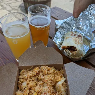Korean BBQ burrito, cheesey kimchee fried rice, and Dancing Gnome beers