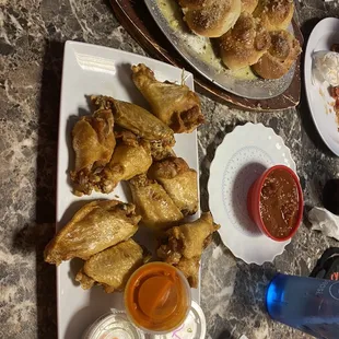 chicken wings and dipping sauces