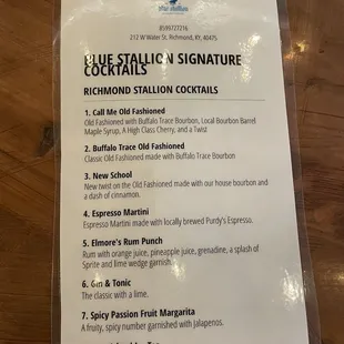 Cocktail menu