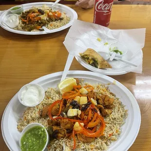 Chicken platter, Sambusa, steak platter