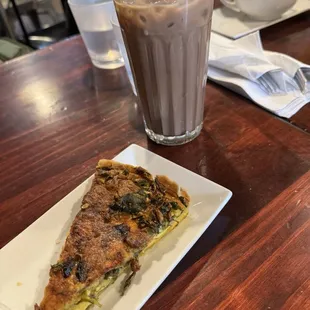 Veggie quiche and iced mocha latte