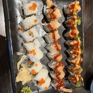 Salmon Skin Roll, Tidal Wave Roll, and Lion King Roll