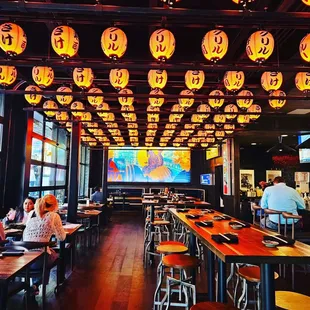 a restaurant with wooden tables and stools